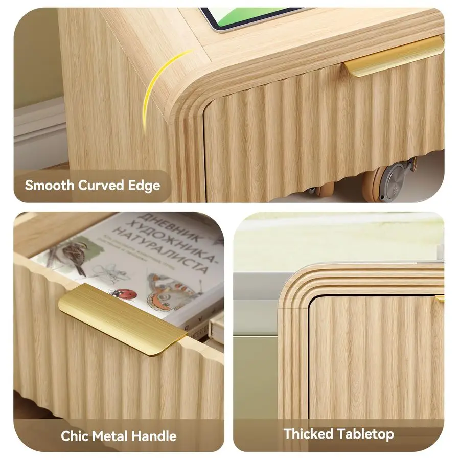 Fluted Nightstand with Charging Station – Gold Handles & Open Shelf 5