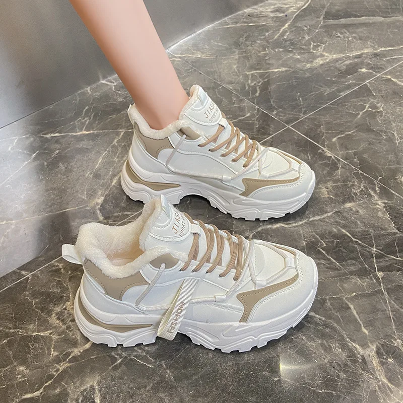 Winter Plus Velvet Dad Shoes for Women's Korean Version Warm High-top Lace Up Sneakers Ladies Casual White Cotton Shoes