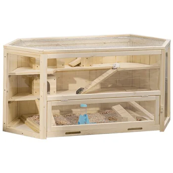 PawHut Wooden Large Hamster Cage Small Animal Exercise Play House 3 Tier with Sliding Tray, Seesaws, Water Bottle