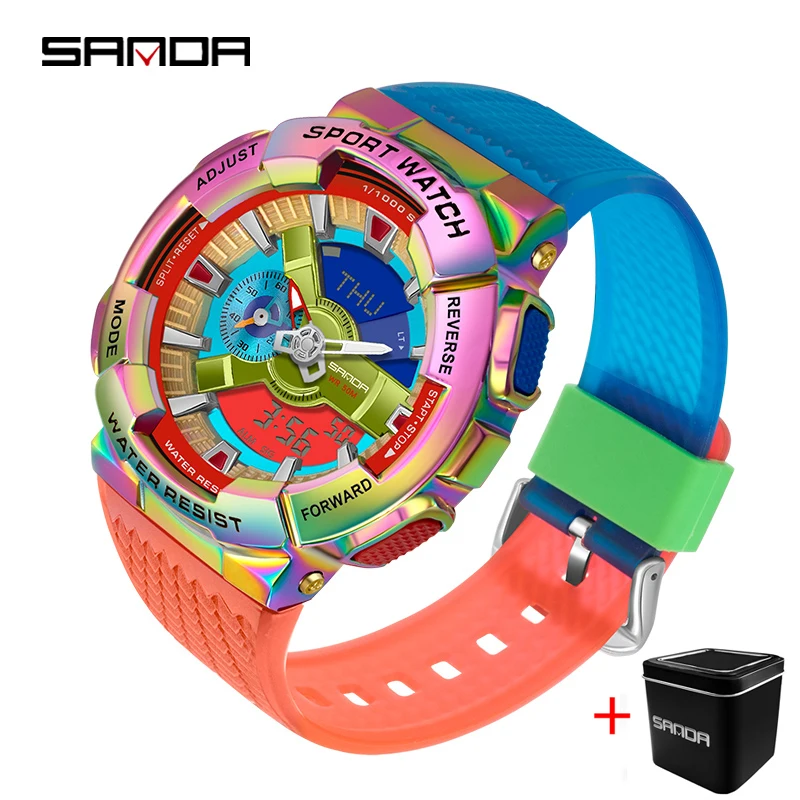 SANDA Brand Men's Sports Fashion Fitness Watch Dual Display Analog Digital Wristwatches Men Waterproof Colorful Military Watches
