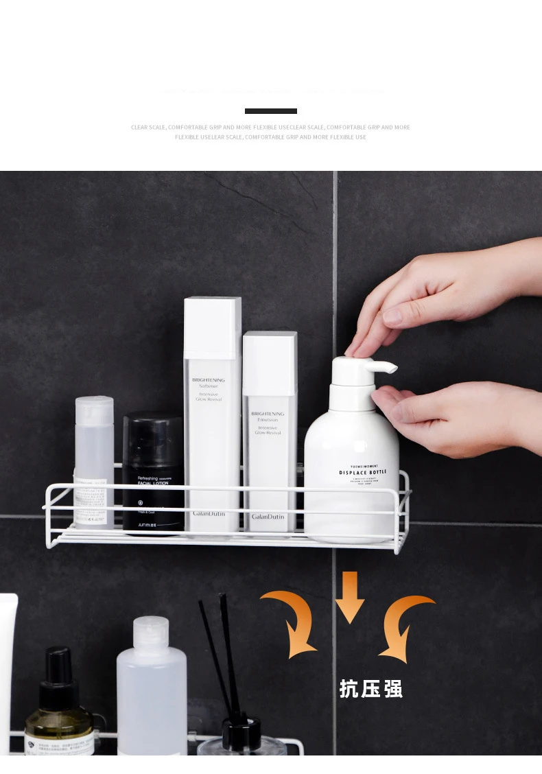 User placing toiletries on bathroom metal corner shelf