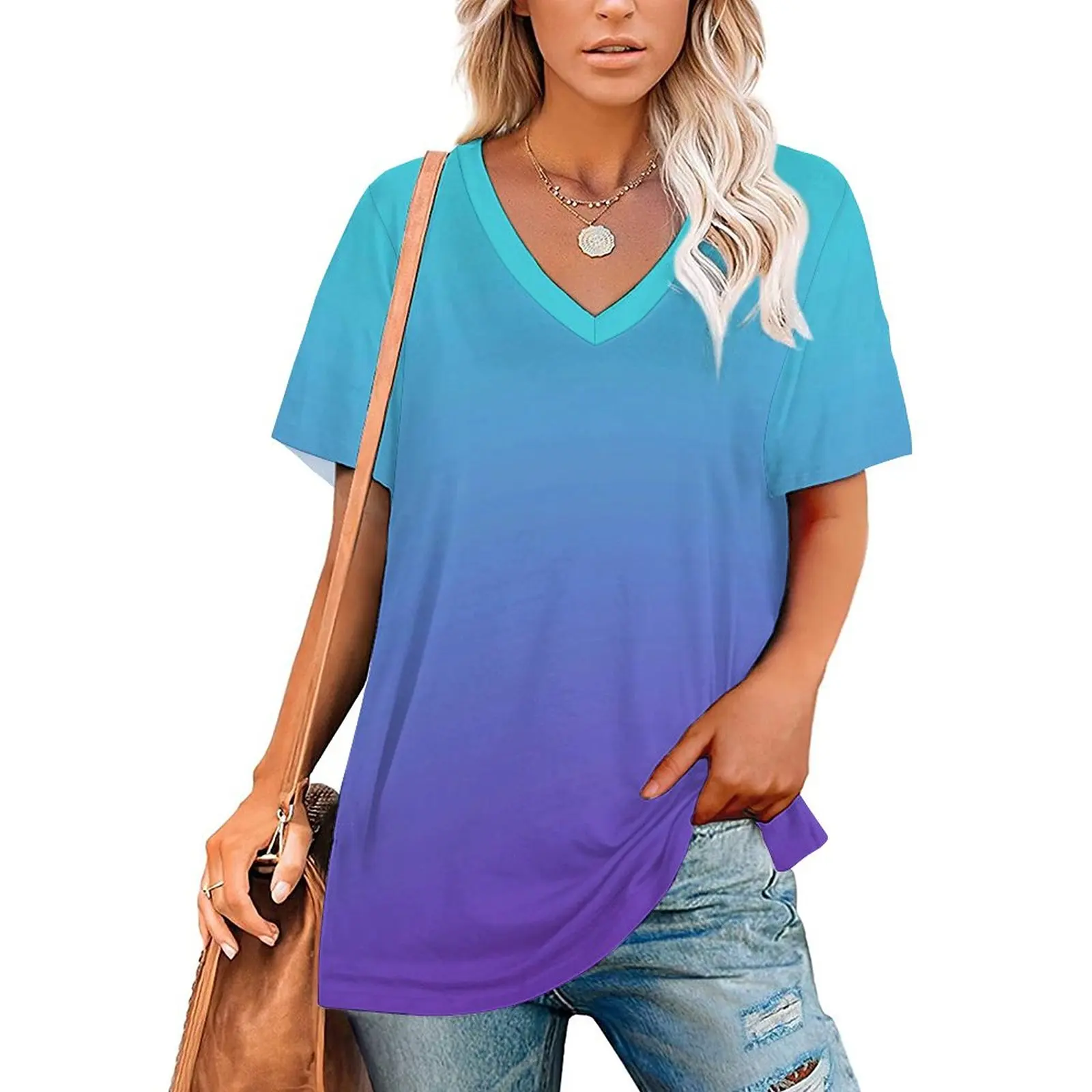 

Gradient Ombre T Shirt Fluid Minimalist Vibrant Vintage Oversized T Shirts Short-Sleeve V Neck Korean Style Tshirt Print Tops