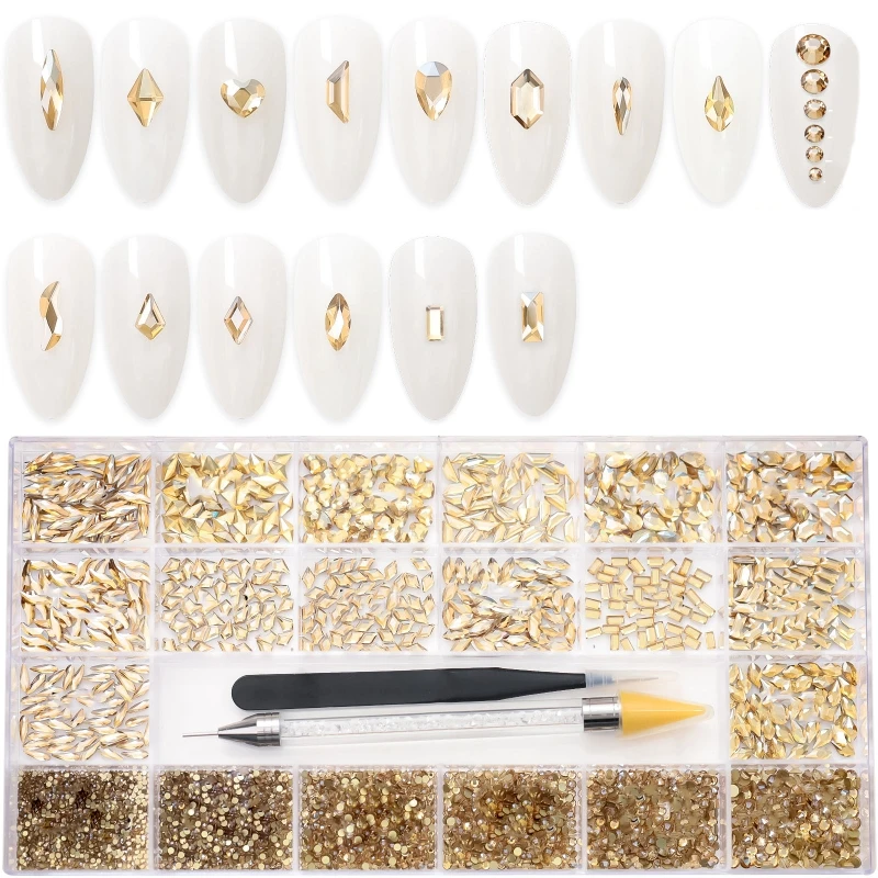 

5500 Champagne Diamonds 3D Decor Flat Back Stones Gems Set +Tweezers + Drill Pen