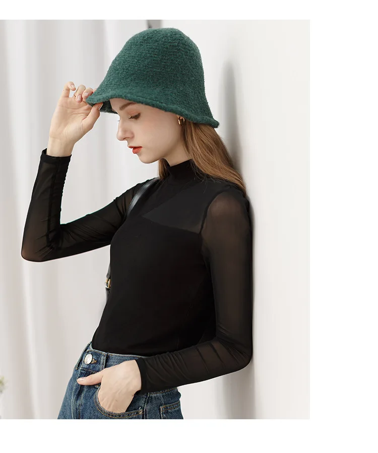 European and American style women's spring new sexy mesh stitching half turtleneck bottoming shirt perspective