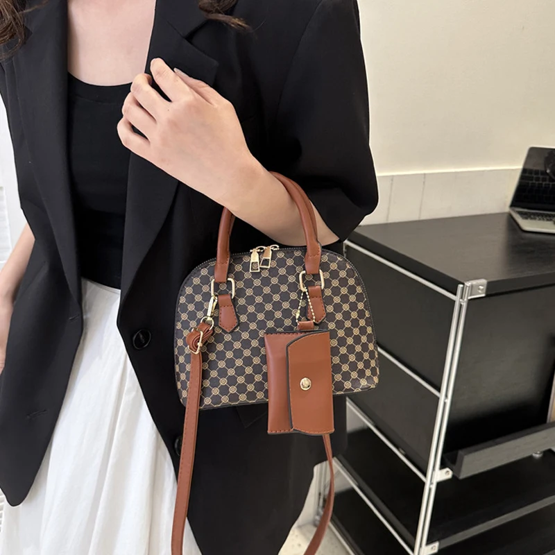 Luxury Shell Fashion Women's Handbag Simple Shoulder Bag Plaid Print Crossbody Bag with Mini Purse