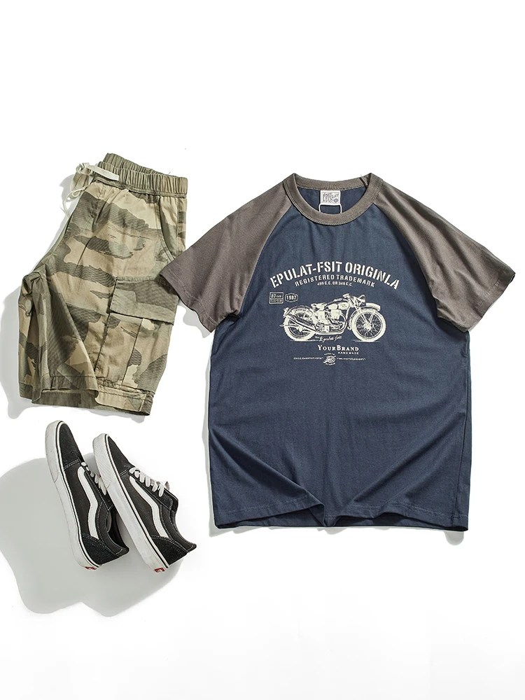 

Summer New American Retro Short-sleeved O-neck Motorcycle Printed T-shirt Men's Fashion 100% Cotton Washed Casual Sport Tops