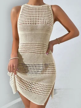 Hollow Out Side Slit Bikini Crochet Retro Cover Up 2026 Women Solid Beach Skirt Swim Dress Bathing Suit 4