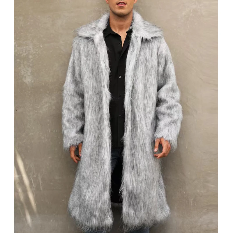 Autumn Winter New Overcoat Imitation Fur Men's Long Coat Long-sleeve Turm-down Collar Warm Cardigan Loose Windbreak