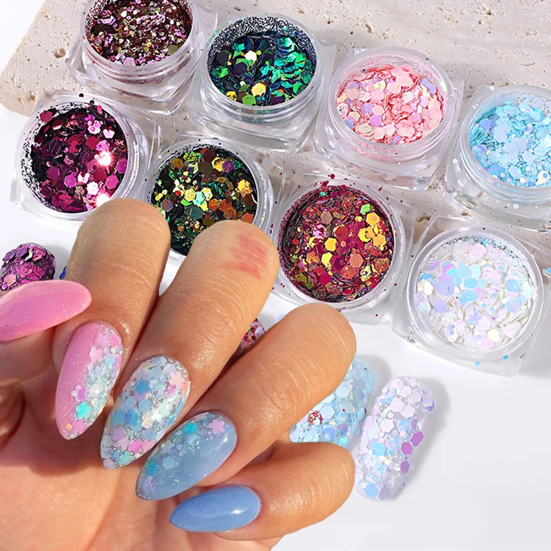 

1 Box Mixed Hexagon Glitter Sequins Nail Art 3D Holo Iridescent Dipping Flakes Nail Art Powder Holographic Manicure Accessories