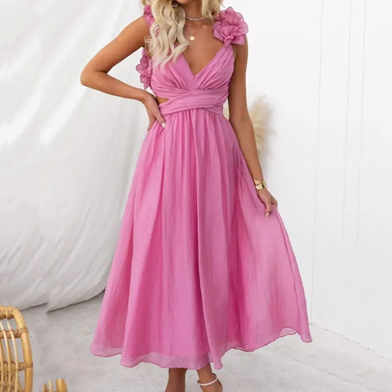 

Elegant V Neck High Waist Long Dress Female Solid Color Backless Hollow Out Suspender Dress Summer Holiday Swing Evening Dresses