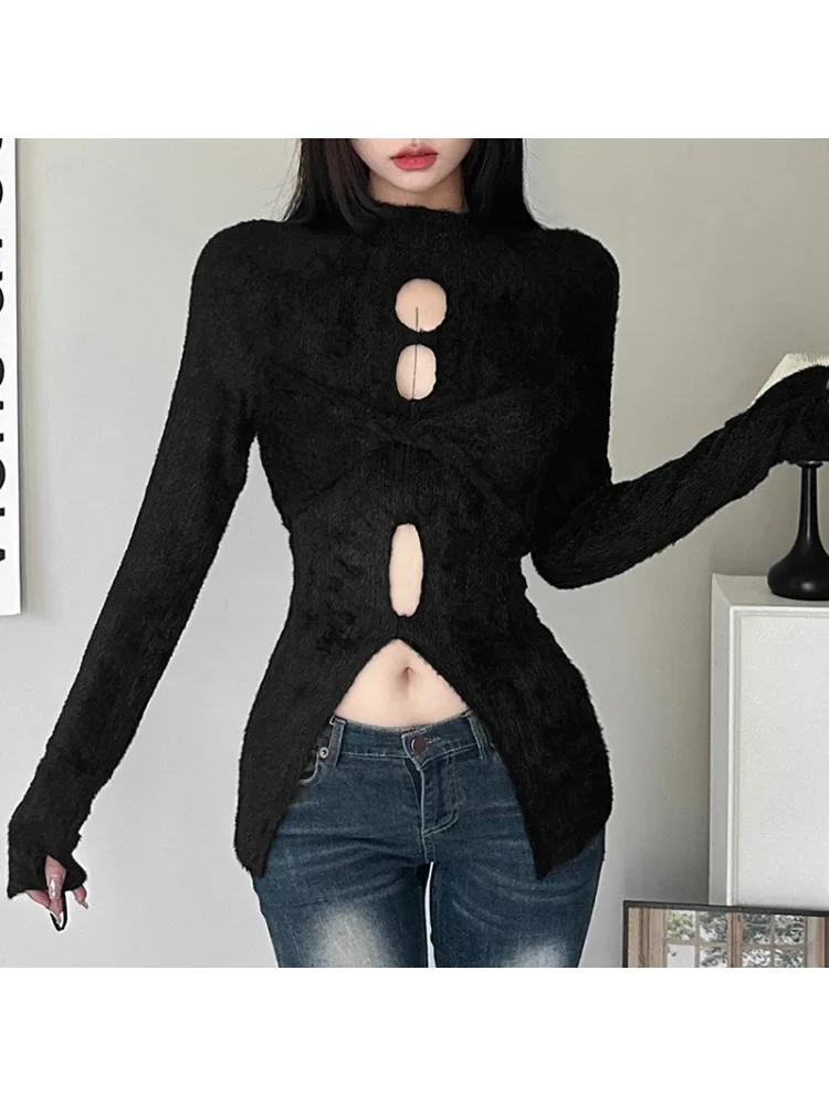 

Harajuku Vintage Solid Slim Fit Open Navel Top Gothic Punk Retro Street Fashion Round Neck Long Sleeve Top 2024 Autumn New Women