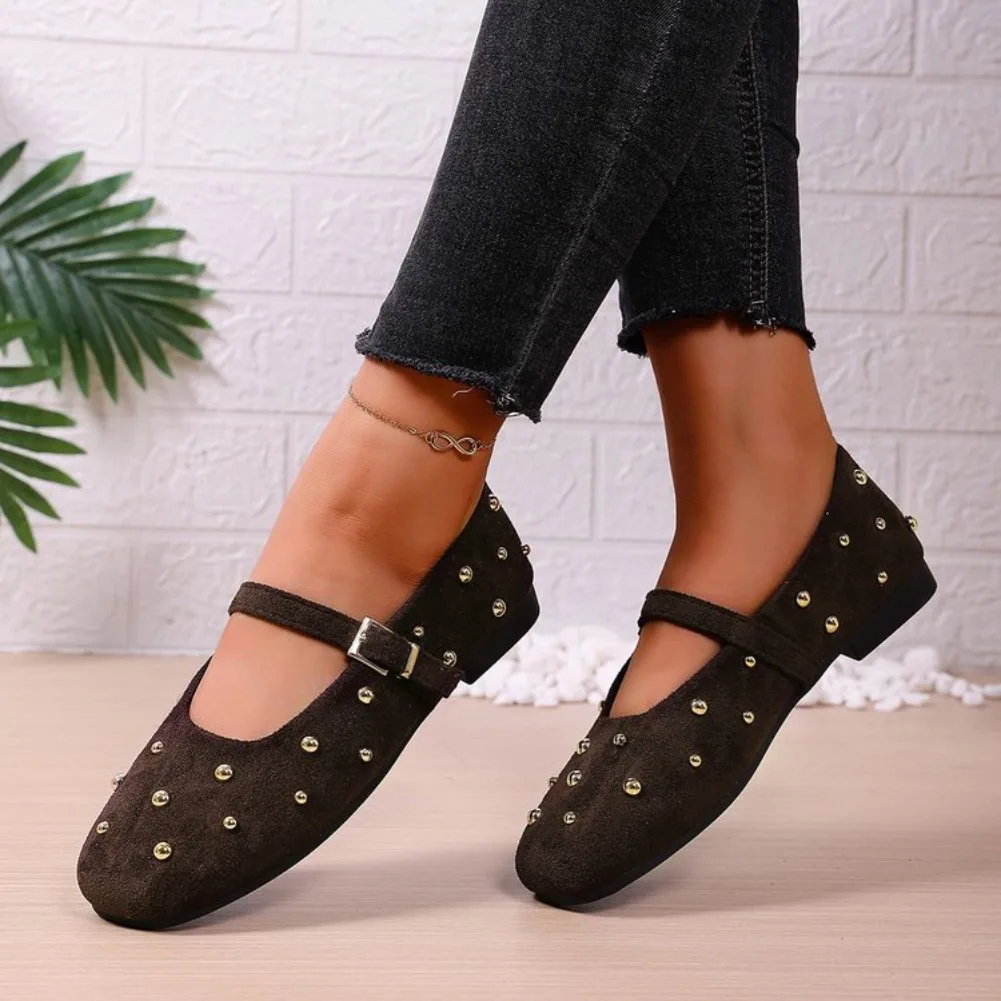 2025 Autumn Mary Jane Shoes for Women Fashion Rivet Suede Classic Retro Brown Casual Soft Bottom Comfortable Ladies Flats