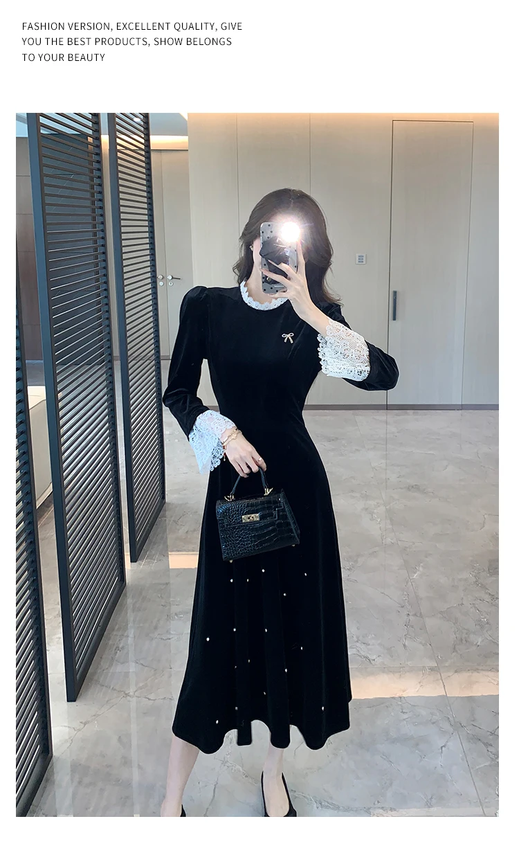 Mujer Primavera Verano Nuevo Elegante Terciopelo Patchwork Midi A Line Vestidos Manga Larga Dama Fiesta Moda Una Pieza Bata