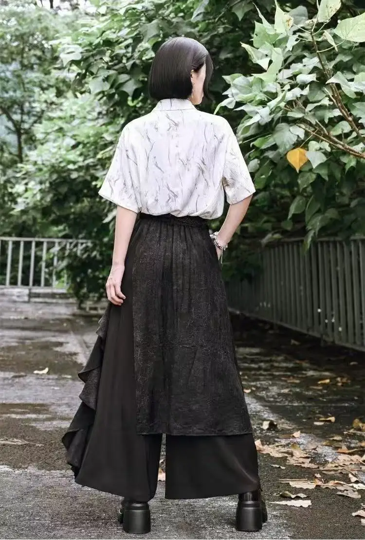 Bisex Dark Black Skirt Pants Men Women New Chinese Style Patchwork Double-layer Wide Leg Pants Vintage Niche Fashion Culotte