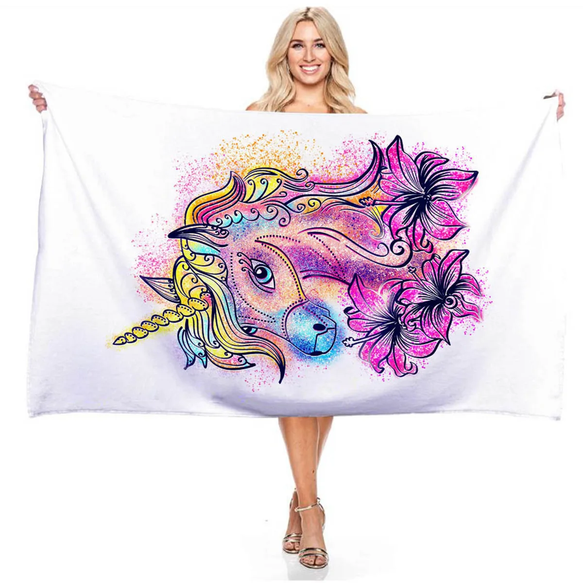 Cartoon Gradient Flower Unicorn 3D Digital Print Rectangular Beach Towel for Boys and Girls Outdoor Swimming Bibulous Bath Towel bath towels
