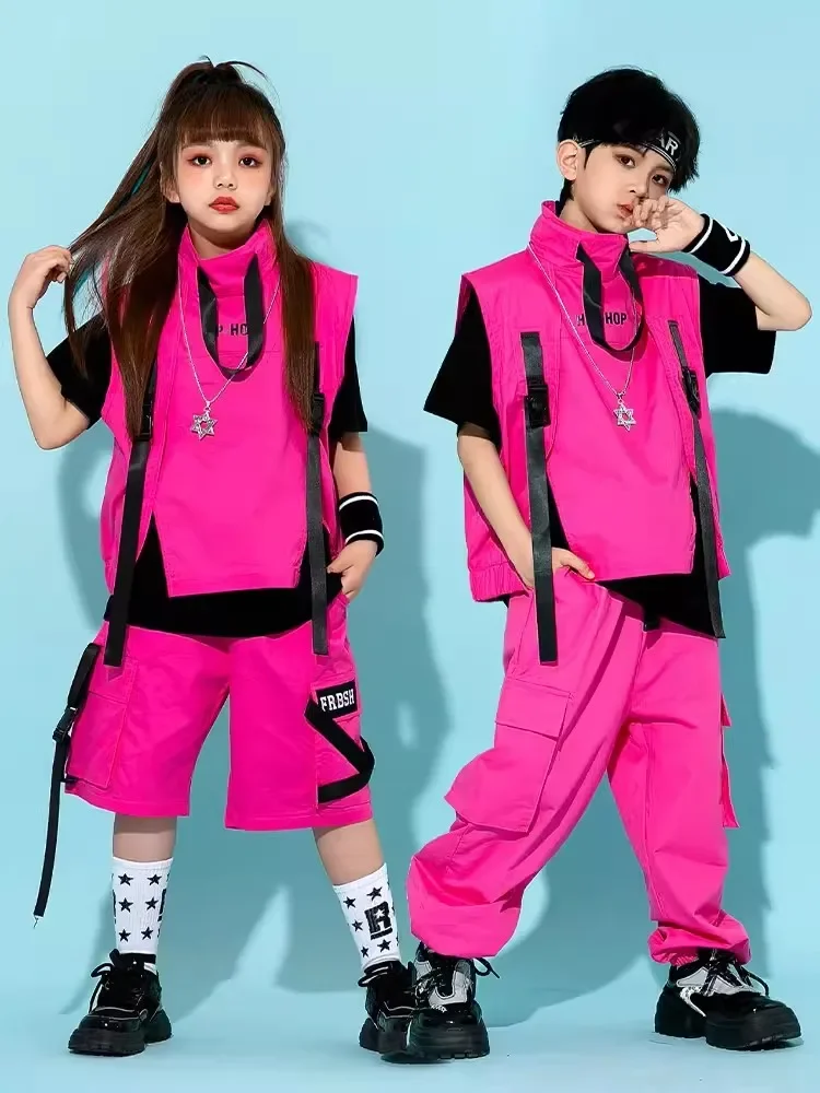 

Children Hip Hop Costume Boys Girls Jazz Dance Fashion Clothing Pink Vest Pants Street Dance Drum Stage Performance Wear BL10929