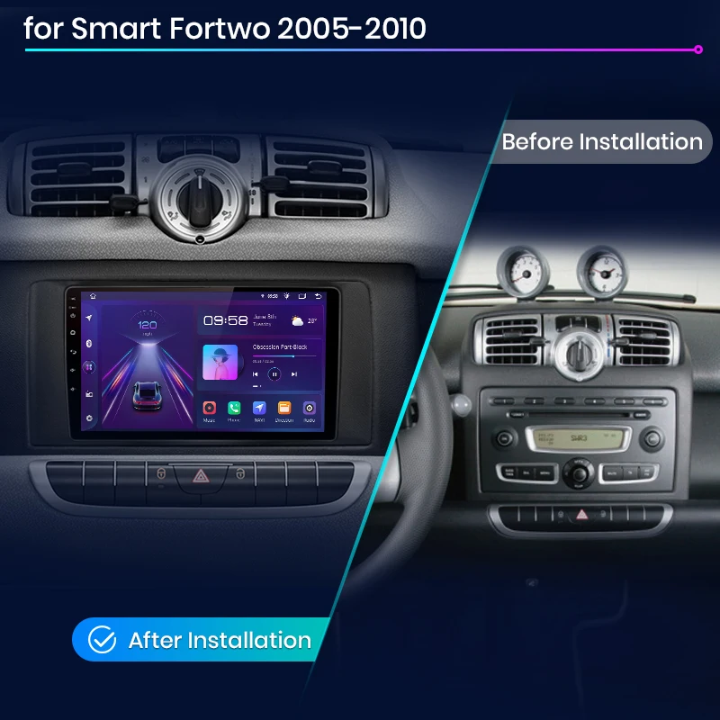 Radio de coche Junsun con CarPlay inalámbrico y Android Auto para Mercedes Benz Smart Fortwo 451 2005-2010, estéreo multimedia 2 DIN con ventilador de refrigeración integrado, navegación GPS, SWC, Bluetooth, FM, RDS, DSP, pantalla IPS, sistemas inteligentes para coche 2