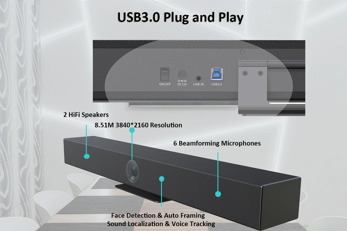 New Design Audio and Video Integration 5x Zoom USB3.0 Speaker Microphone Built Video Bar Soundbar