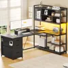 L Shaped Computer Desk, 58'' Office Desk with 3 Drawers and Bookshelf, L Shaped Corner Desk with Storage Shelves and LED Light 1