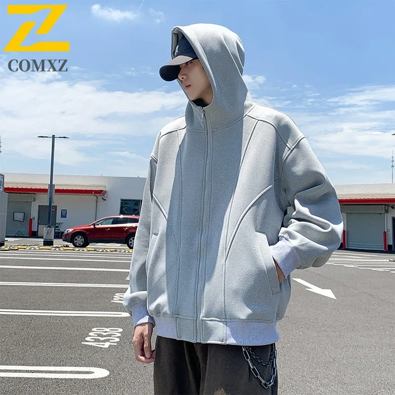 COMXZ Men American Streetwear Lazy Style Heavyweight Hoodie Zip Up Jacket Spring Autumn Top Loose Fit Casual Hooded Cardigan Top