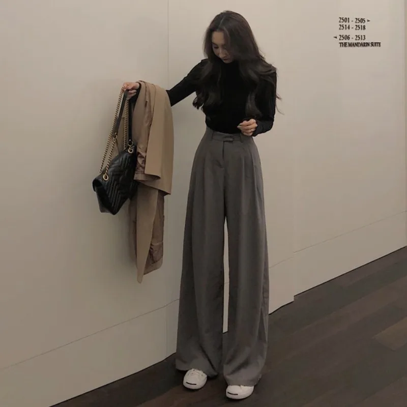 Casual Pants Women 2023 Autumn Clothes High Waist Drape Mop Slimming Pants Gray Loose Straight Wide Leg Suit Trousers Y2k