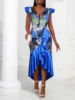 Chioma Deep V Neck Ruffles Print Dress