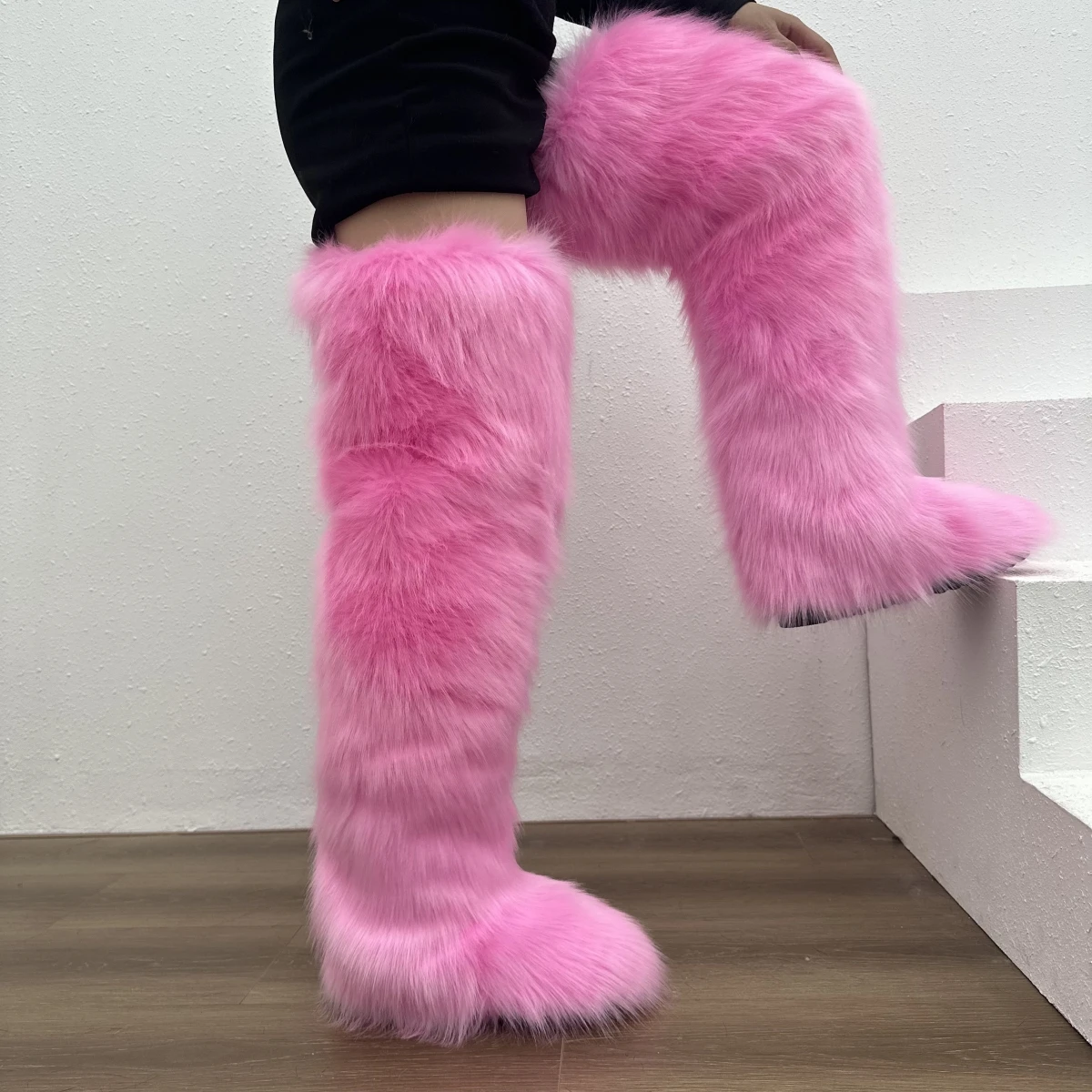 Womens Faux Fox Thigh Highs Faux Fur Boots Winter Warm With Fur