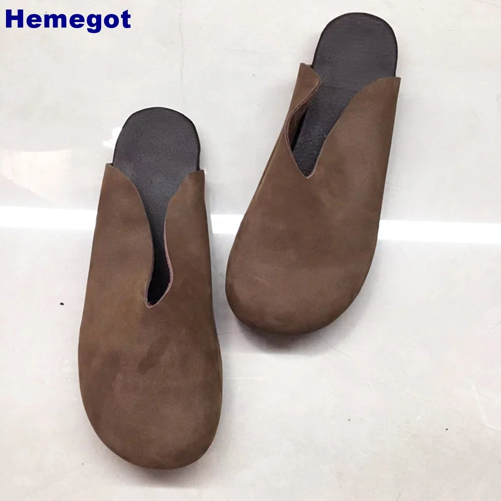 Round Toe Genuine Leather Retro Slippers 2024 Summer Outdoor Casual Solid Color Flat Slippers Women Slip On Closed Toe Slides