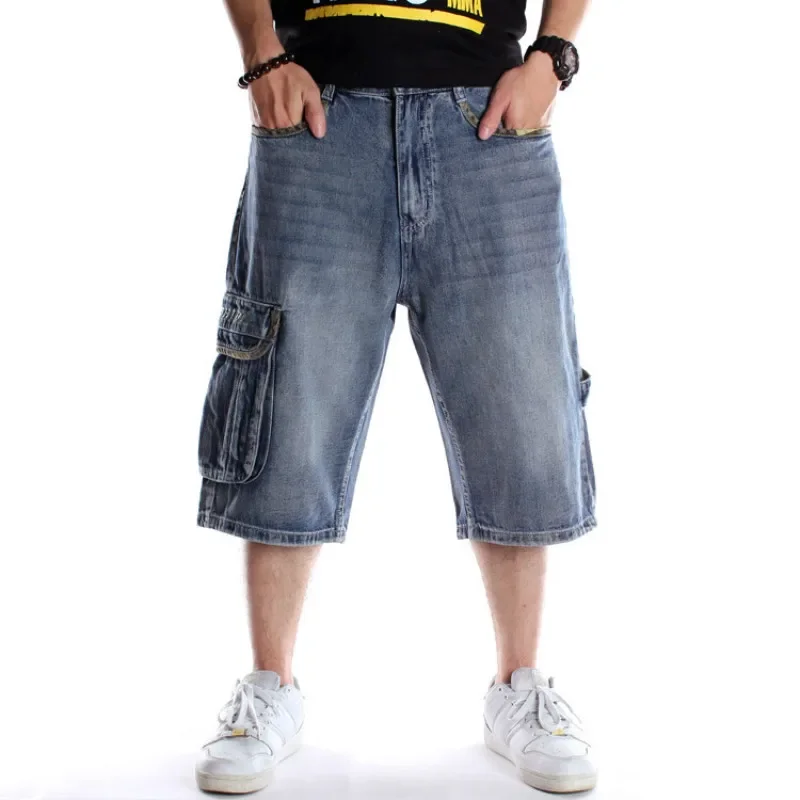 Mens Plus Size Loose Baggy Denim Short Men Jeans Fashion Streetwear Hip Hop Long 3/4 Capri Cargo Shorts Pocket Bermuda Male Blue