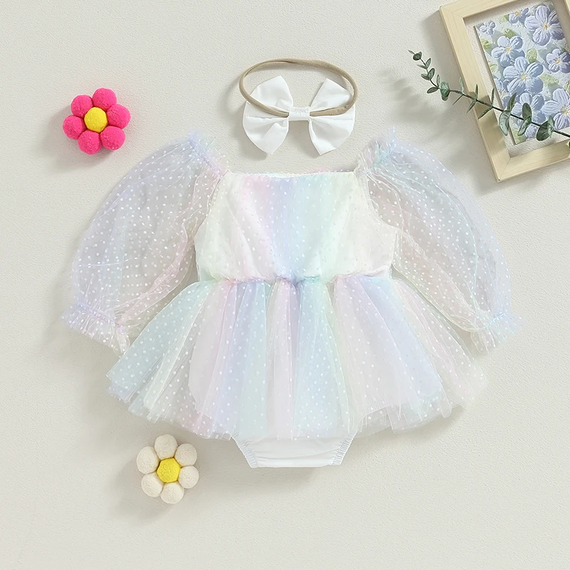 

0-24M Infant Newborn Baby Girl Summer Romper Cute Long Puff Sleeve Square Neck Dots Print Newborn Bodysuit Tulle Dress