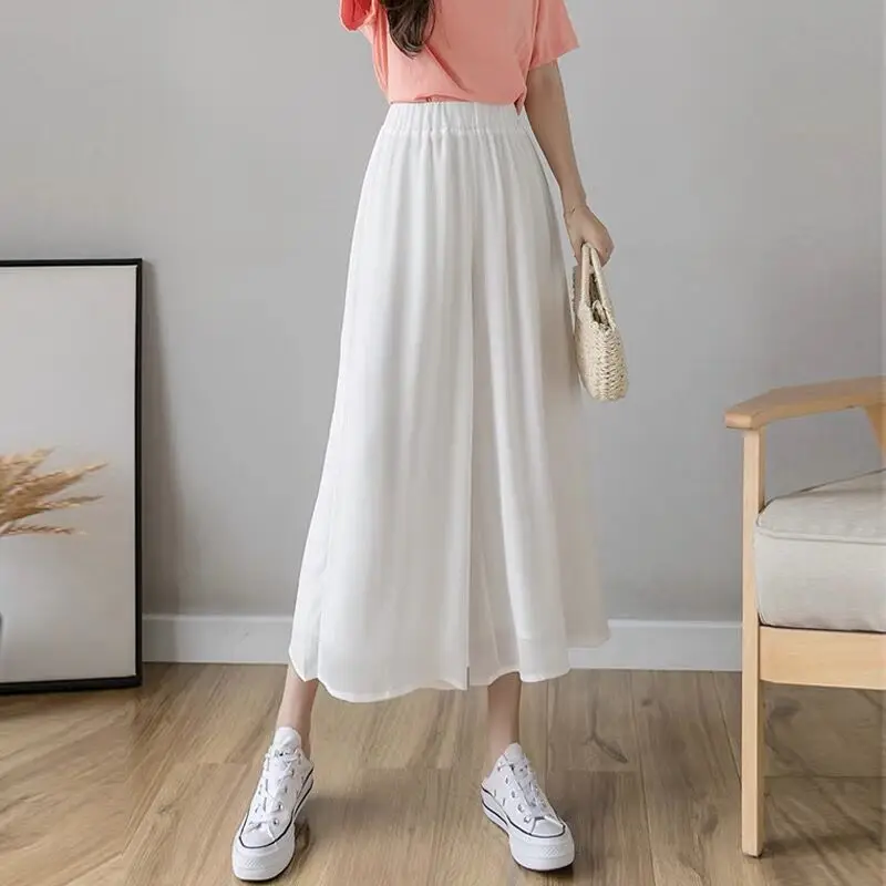 Fashion Streetwear Pleated Culotte Mujer Pants Green Black Purple Chiffon Trousers Stretch High Waist Women Loose Wide Leg Pants