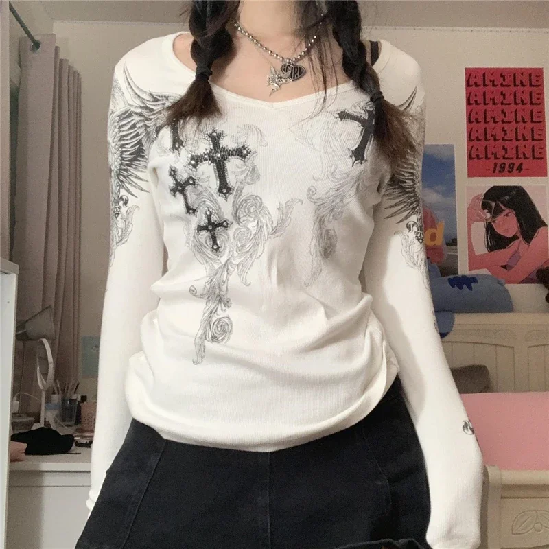 PDYLZWZY Fata Grunge Camicie da donna Y2k Maniche Lunghe Grafica Estetica Crop Top Punk Gothic Teen Girl Tees Abbigliamento Halloween, grigio., S PDYLZWZY Fata Grunge Camicie da donna Y2k Maniche Lunghe Grafica Estetica Crop Top Punk Gothic Teen Girl Tees Abbigliamento Halloween, grigio., S