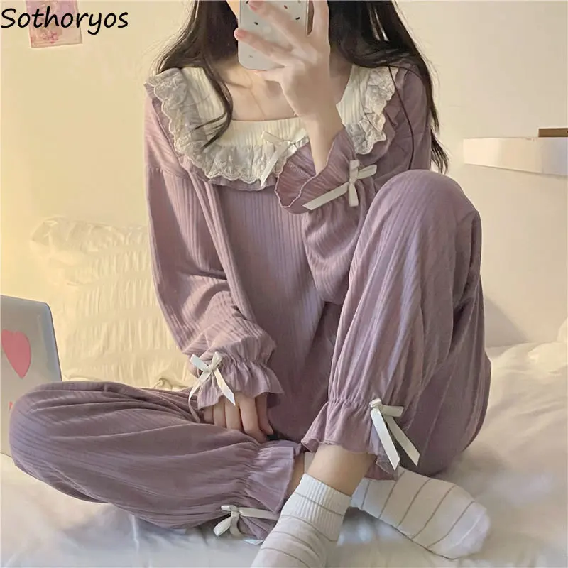 

Пижамный комплект Женский в стиле преппи, милая повседневная одежда для сна в Корейском стиле, базовая женская мягкая шикарная Домашняя одежда с квадратным вырезом для студентов