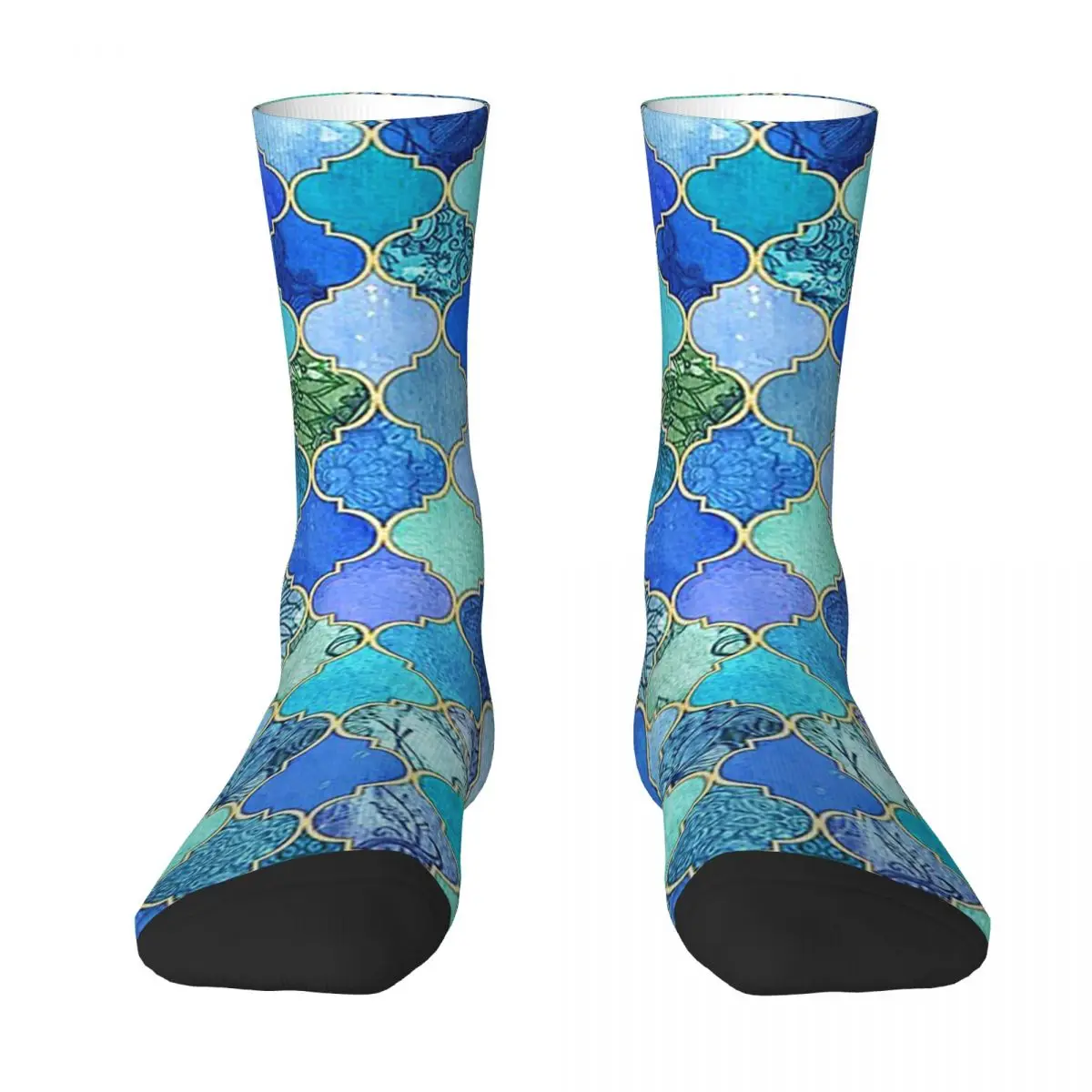 

All Seasons Crew Stockings Cobalt Blue, Aqua & Gold Decorative Moroccan Tile Pattern Socks Harajuku Long Socks for Men Women