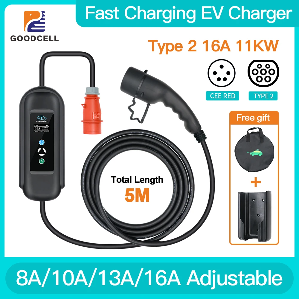 Caricabatterie Portatile Per Veicoli Elettrici Goodcell 11Kw 16A 10M Cavo Di Ricarica Spina Cee Iec62196-2 Caricatore Wallbox Ev 5M
