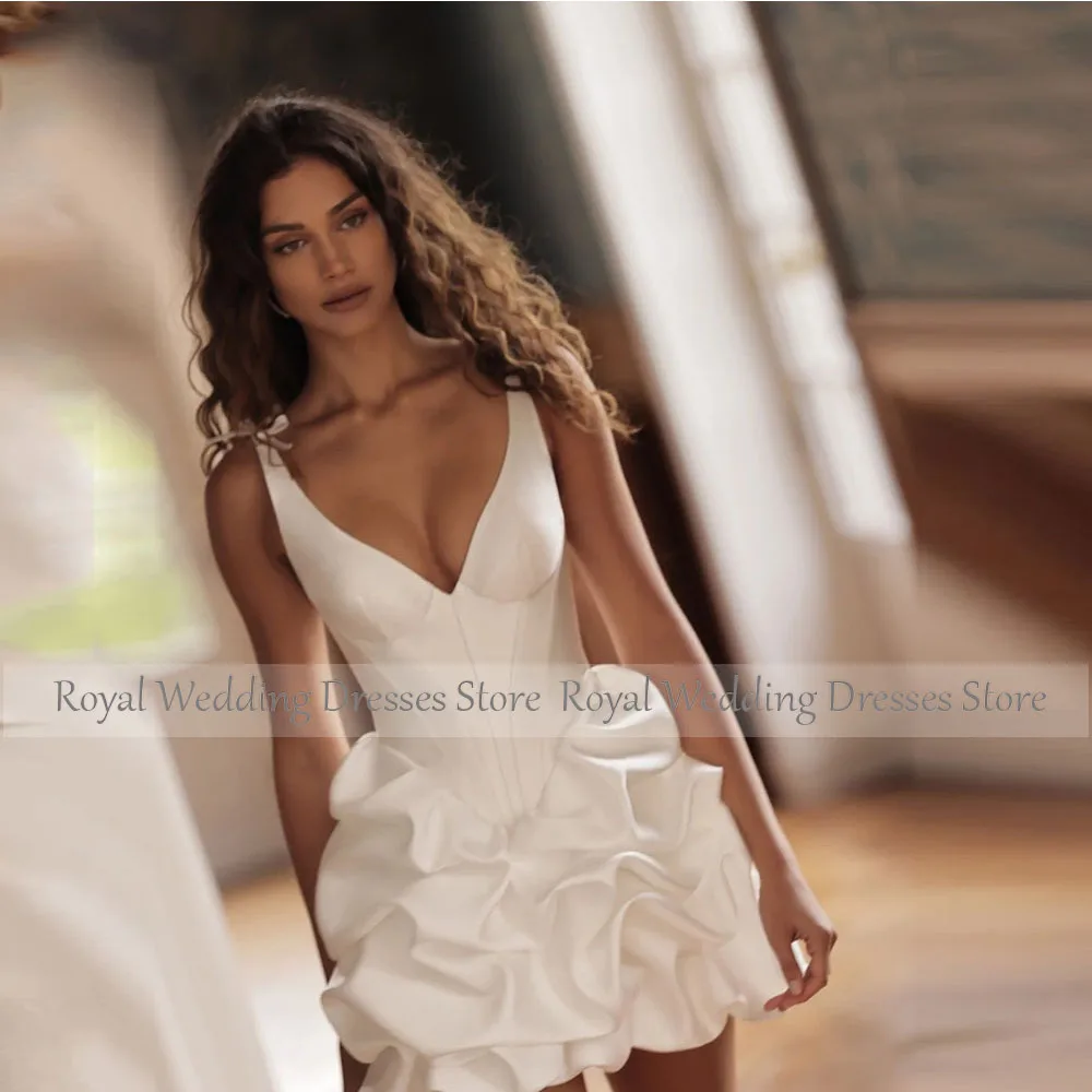 Ivory Satin Mini Wedding Dress V Neck Straps Puffy A Line Lace Up Short Wedding Gown Modern Above Knee Bridal Gown