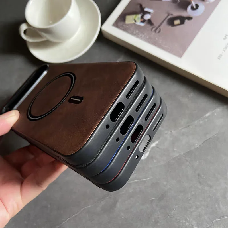 Luxury Suede Sheepskin Leather MagSafe-Compatible Case with Magnetic Wireless Charging