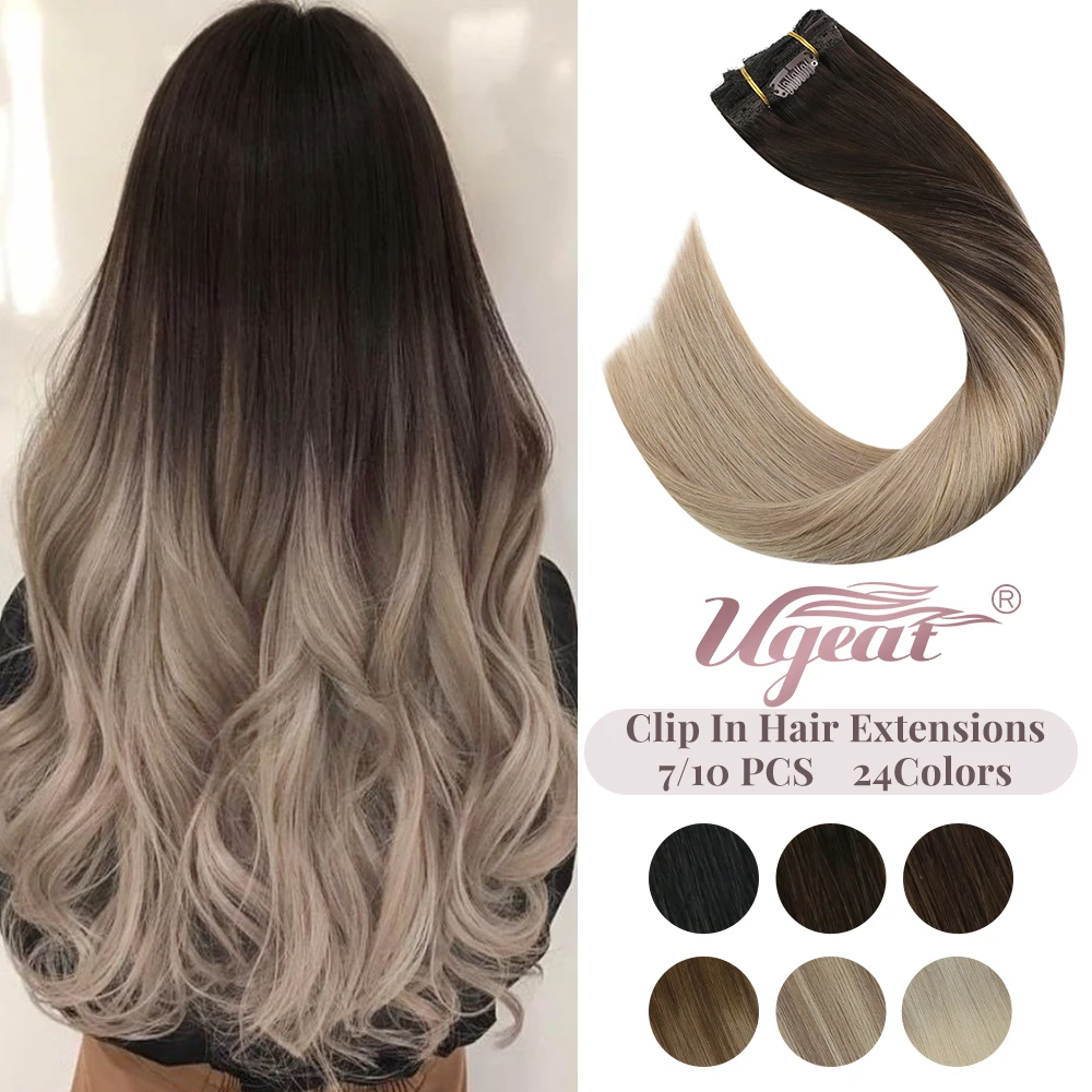 Hair Extensions Ueget Clip in Hair Extensions Silver Balayage 7/10PCS Clip in Hair Extensions Real Huamn In Natural Fullhead Remy