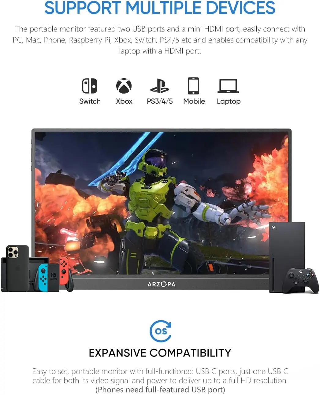 Arzopa-ポータブルモニター,hdrディスプレイ,USB-C hdmiセカンド