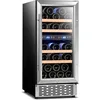 Dual Zone 15 Inch Wine Cooler, 28 Bottle Wine Fridge with Stainless Steel Tempered Glass Door, Fit Red & White Wine,Built-in or 1