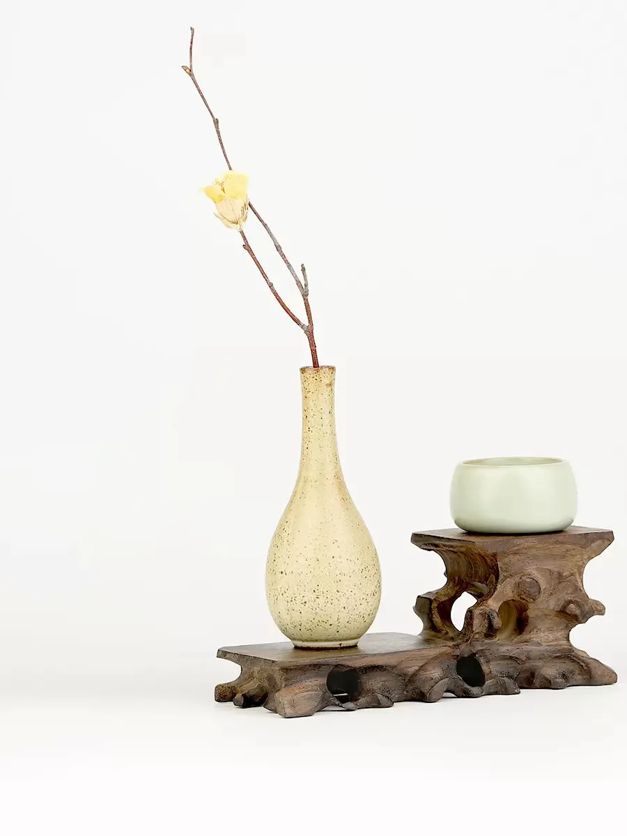 Solid Wood Carving with Stone Root, Purple Clay Pot, Flower Pot, Handicraft Decoration, Wooden Tray