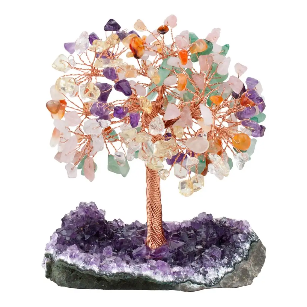 Natural Minerals Crystal Money Tree With Rough Amethyst Cluster Base Healing Gemstone Craft Gift Nordic Home Decoration Ornament love heart shape crystal money tree with rough titanium coated quartz cluster base fengshui home decoration wedding ornaments