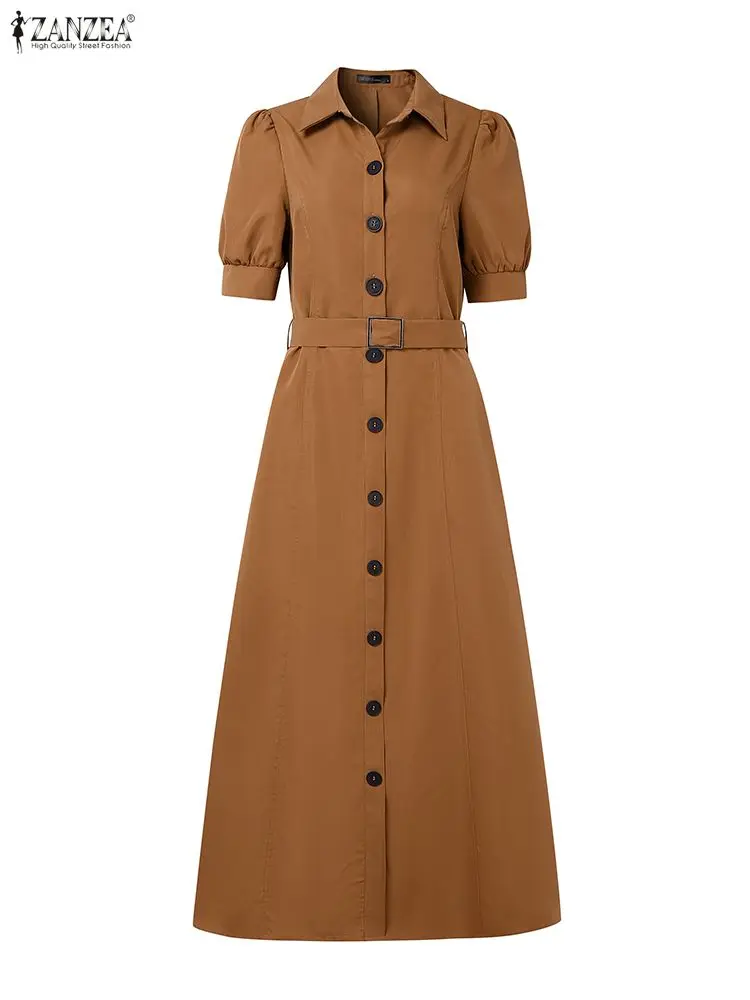 ZANZEA Elegant Party Long Dress With Belt 2025 Summer Women Solid Short Sleeve Maxi Vestidos Fashion Wedding Lapel Shirt Robe 4