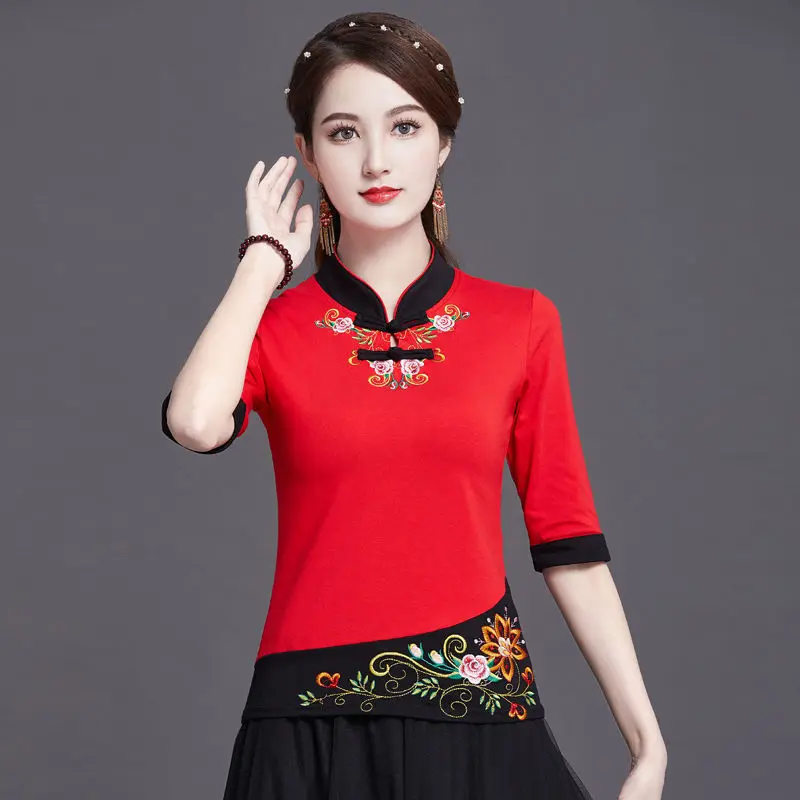 Traditional Chinese Clothing Womens Plus Size Tops 2024 Summer Cotton Blend Embroidery Color Splicing Tang costume Shirts Woman