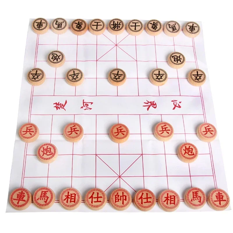 High-end Wooden Chinese Chess Large Pieces Xiangqi Family Travel Board Game Set With PU Leather Checkerboard For 2 Players