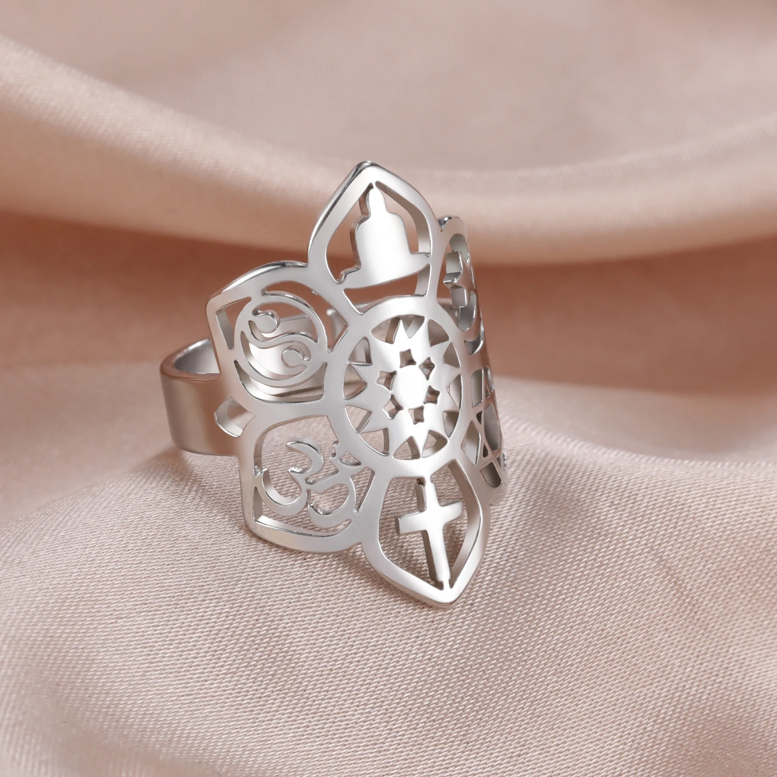 Skyrim Anello Di Fiori Di Loto In Acciaio Inossidabile Yoga Cross Star Of Davd Yinyang Moon Star Bell Rings 6 Gioielli Spirituali Di Parrucche