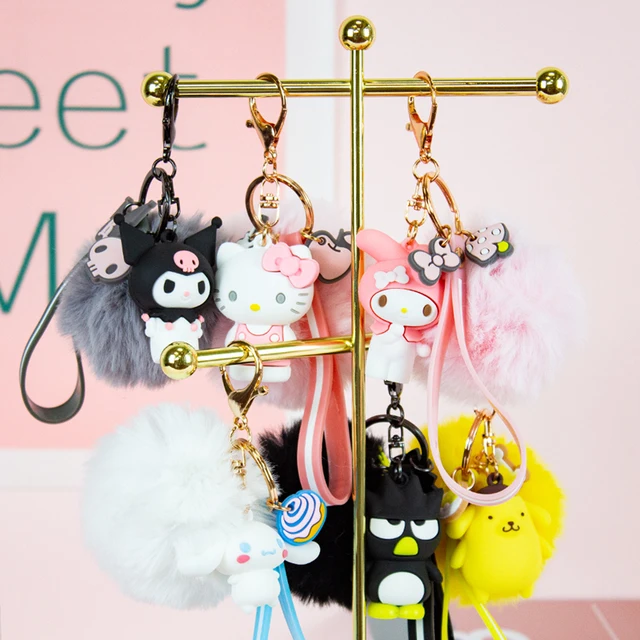 Hello Kitty Cute Sanrio Kuromi Penguin Frog Dog Cat Keychains with Fluffy Rabbit Fur Ball Women Girl Bag Pendant Keyring Gifts 3