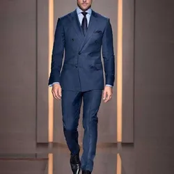 2024 New Custom Made Double Breasted Dark Blue Men Suits Casual Male Blazers Slim Fit Groomsmen 2 Pieces Costume men clothing