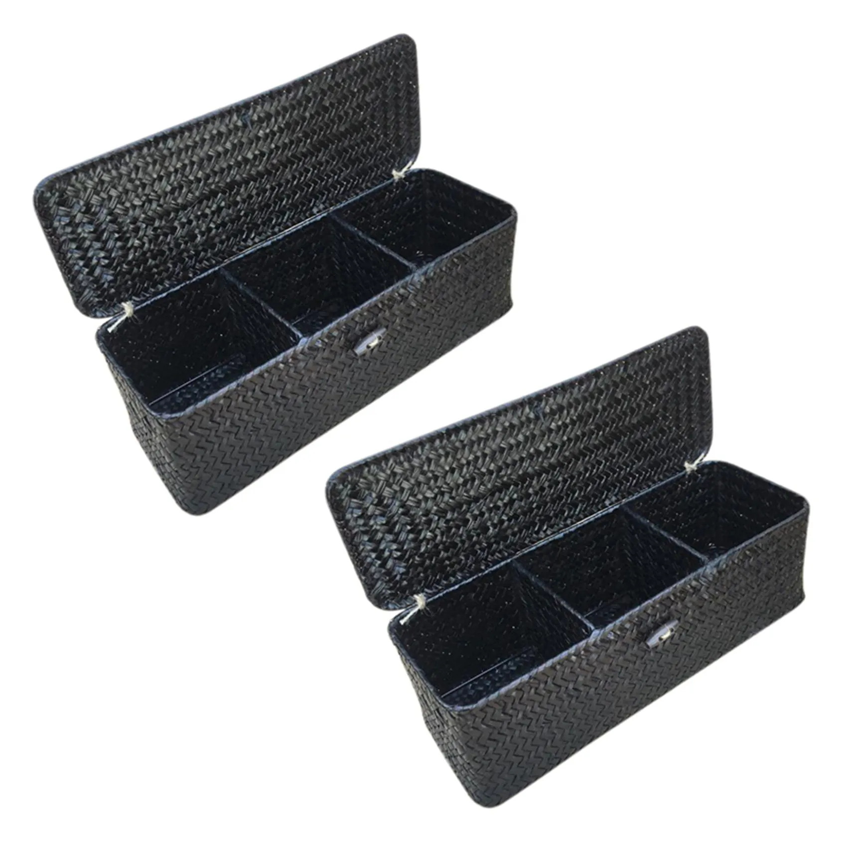 

2X 3 Compartment Storage Box Wicker Rattan Basket with Cover Sundries Holder Case Container Desktop Organizer