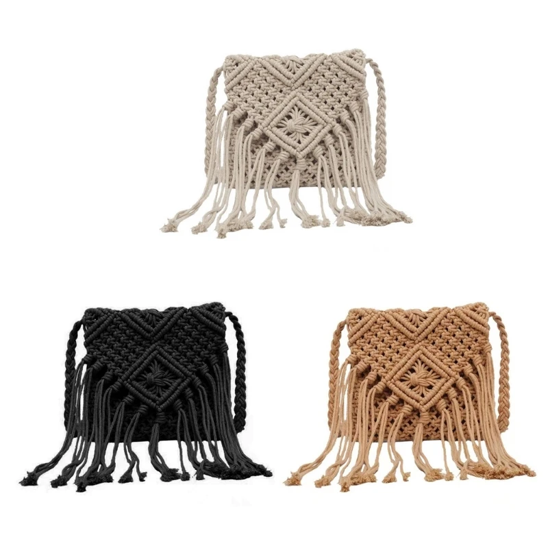 

Fashion Woven Knitted Tassel-Bags Crossbody Bag Shoulder Bag Handmade Bags for Women Girl Coffee Black